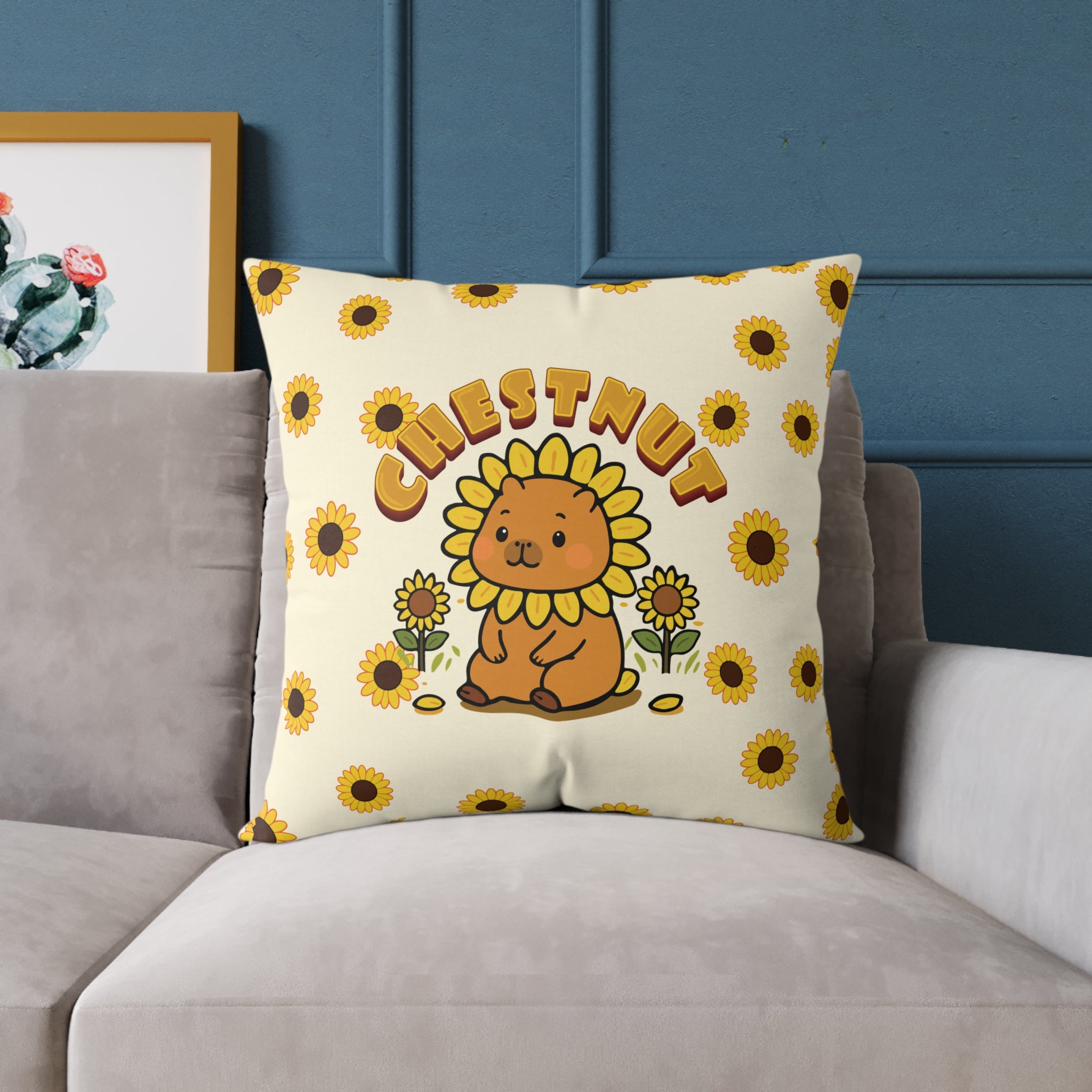 Chestnut the Sunflower Lover Capybara Cartoon Pillow, Cute Kawaii Animal Gift