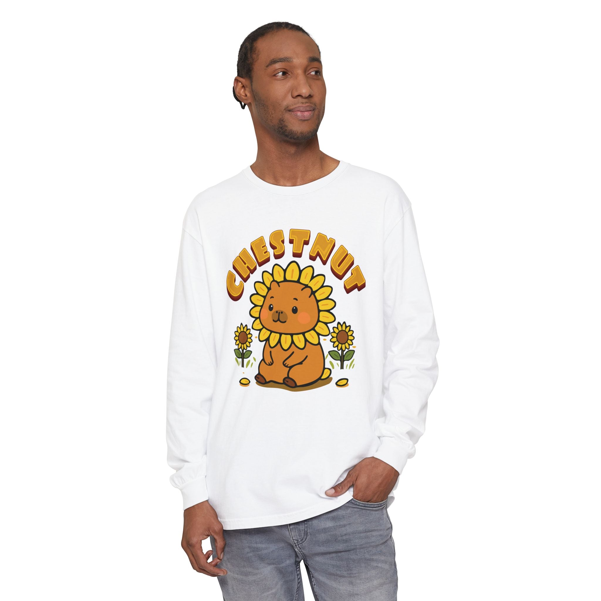 Chestnut the Sunflower Lover Capybara Cartoon long sleeve shirt, Cute Kawaii Animal Gift