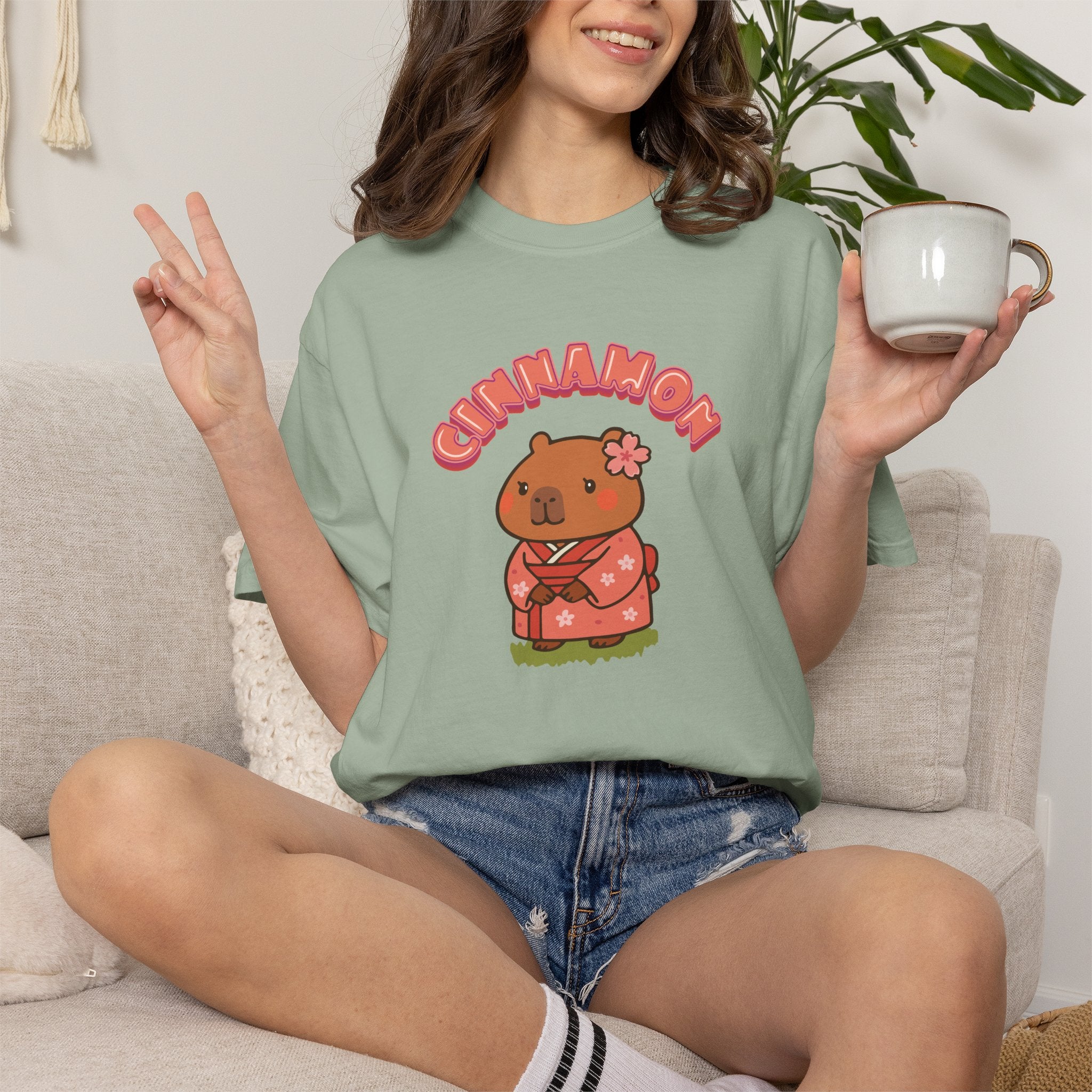 Cinnamon the Cherry Blossom Lover Capybara Cartoon T-Shirt, Cute Kawaii Animal Gift