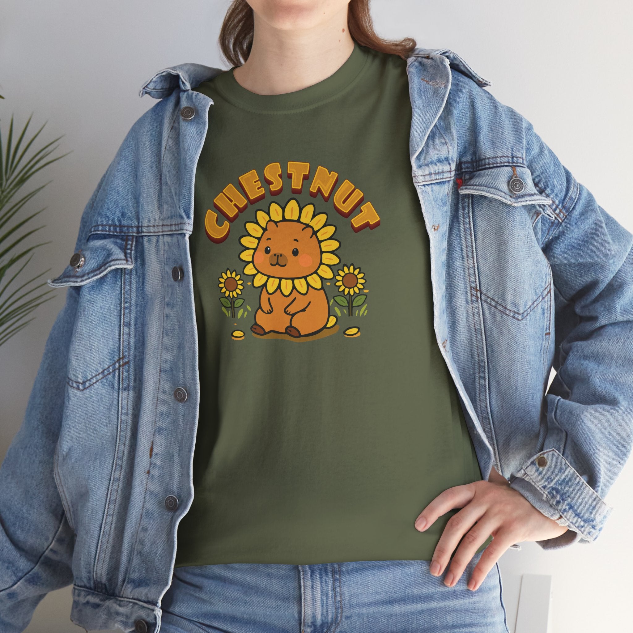 Chestnut the Sunflower Lover Capybara Cartoon T-Shirt, Cute Kawaii Animal Gift
