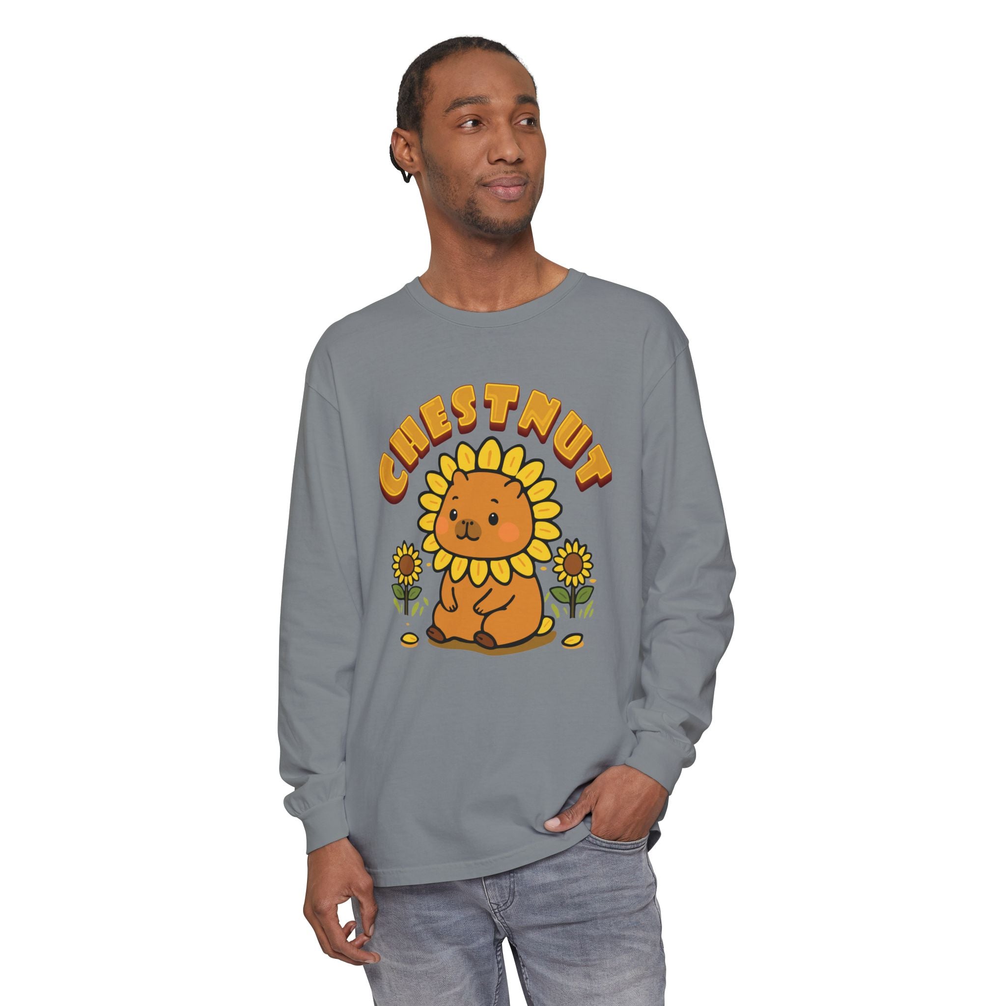 Chestnut the Sunflower Lover Capybara Cartoon long sleeve shirt, Cute Kawaii Animal Gift