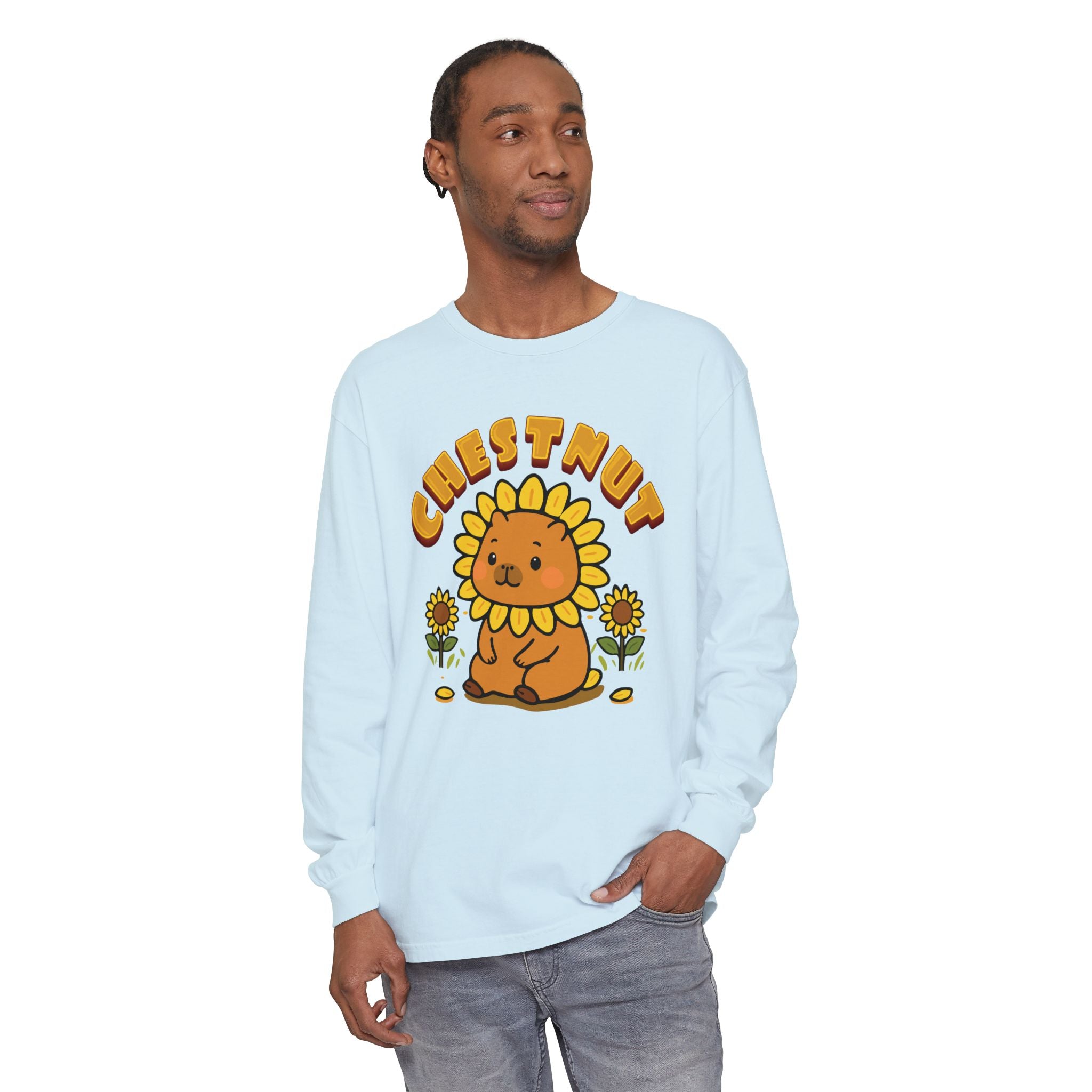 Chestnut the Sunflower Lover Capybara Cartoon long sleeve shirt, Cute Kawaii Animal Gift