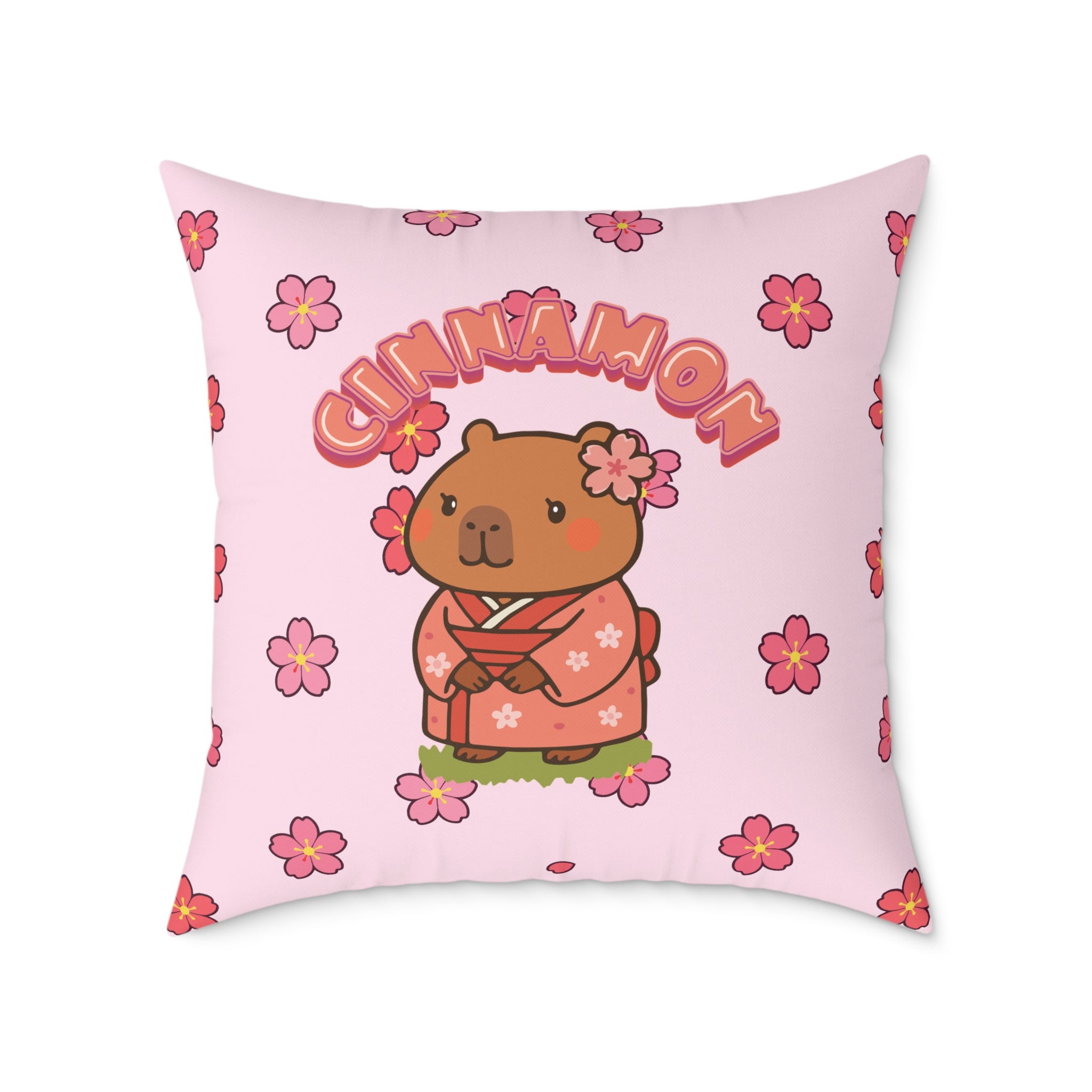 Cinnamon the Cherry Blossom Lover Capybara Cartoon Pillow, Cute Kawaii Animal Gift
