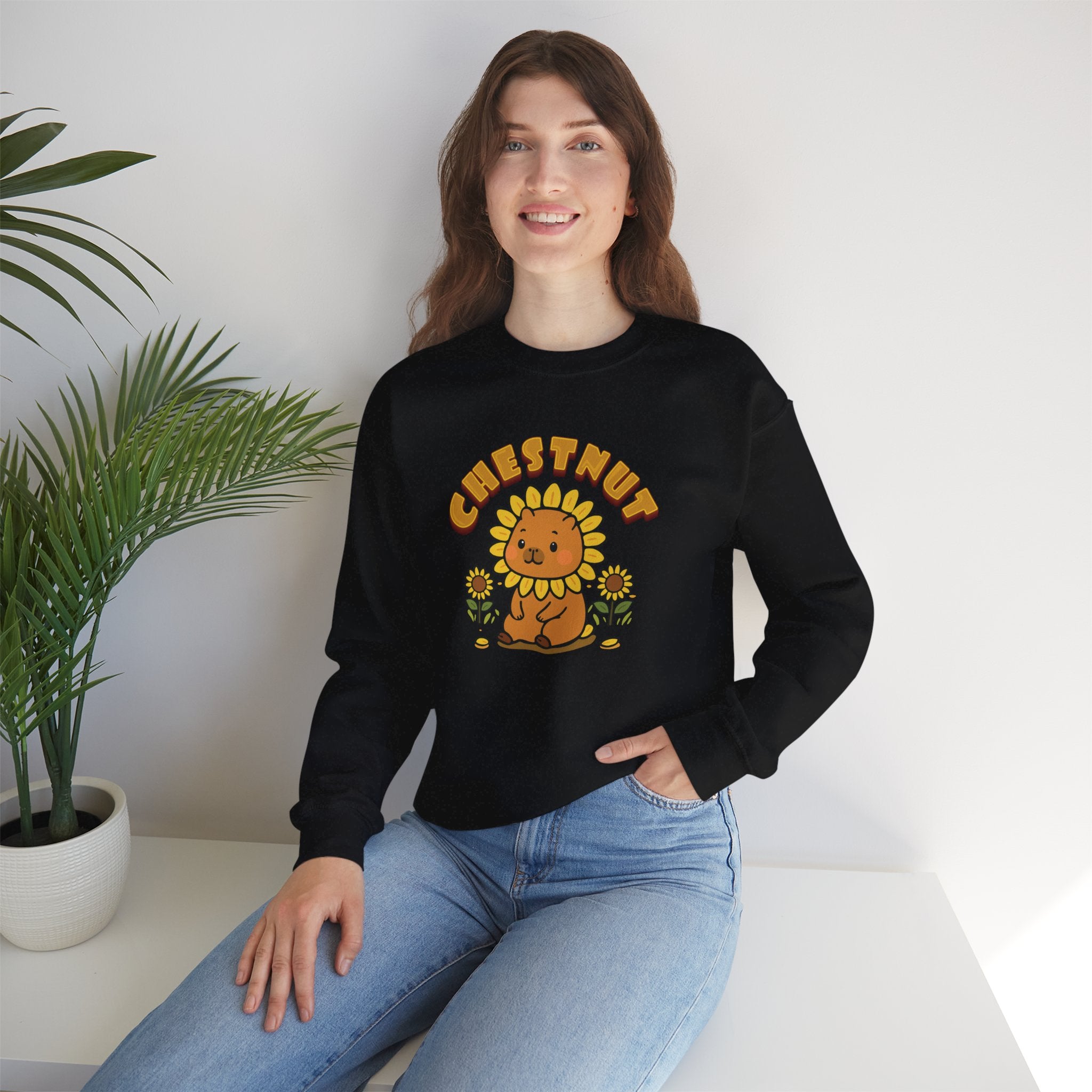 Chestnut the Sunflower Lover Capybara Cartoon Sweater, Cute Kawaii Animal Gift