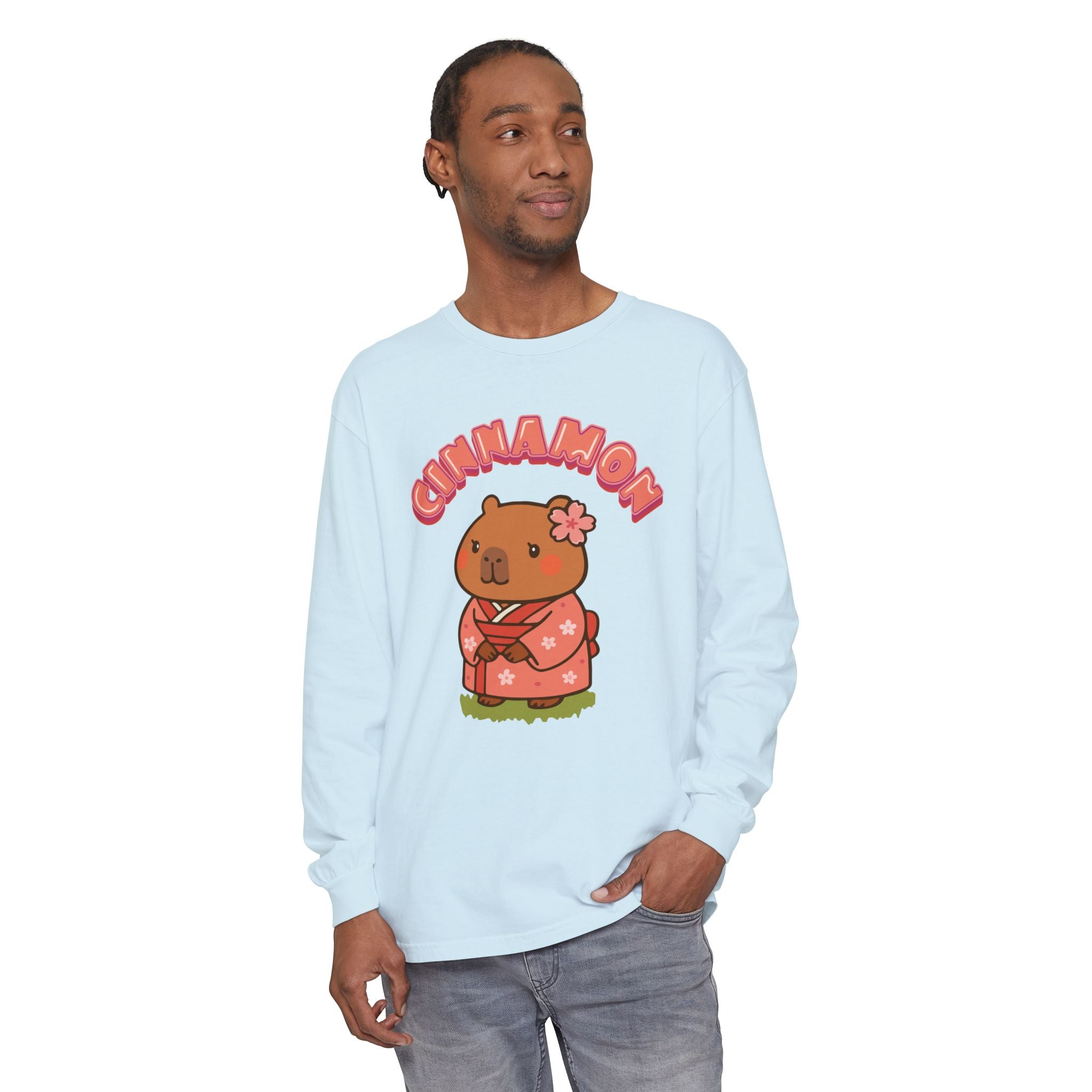 Cinnamon the Cherry Blossom Lover Capybara Cartoon long sleeve shirt, Cute Kawaii Animal Gift