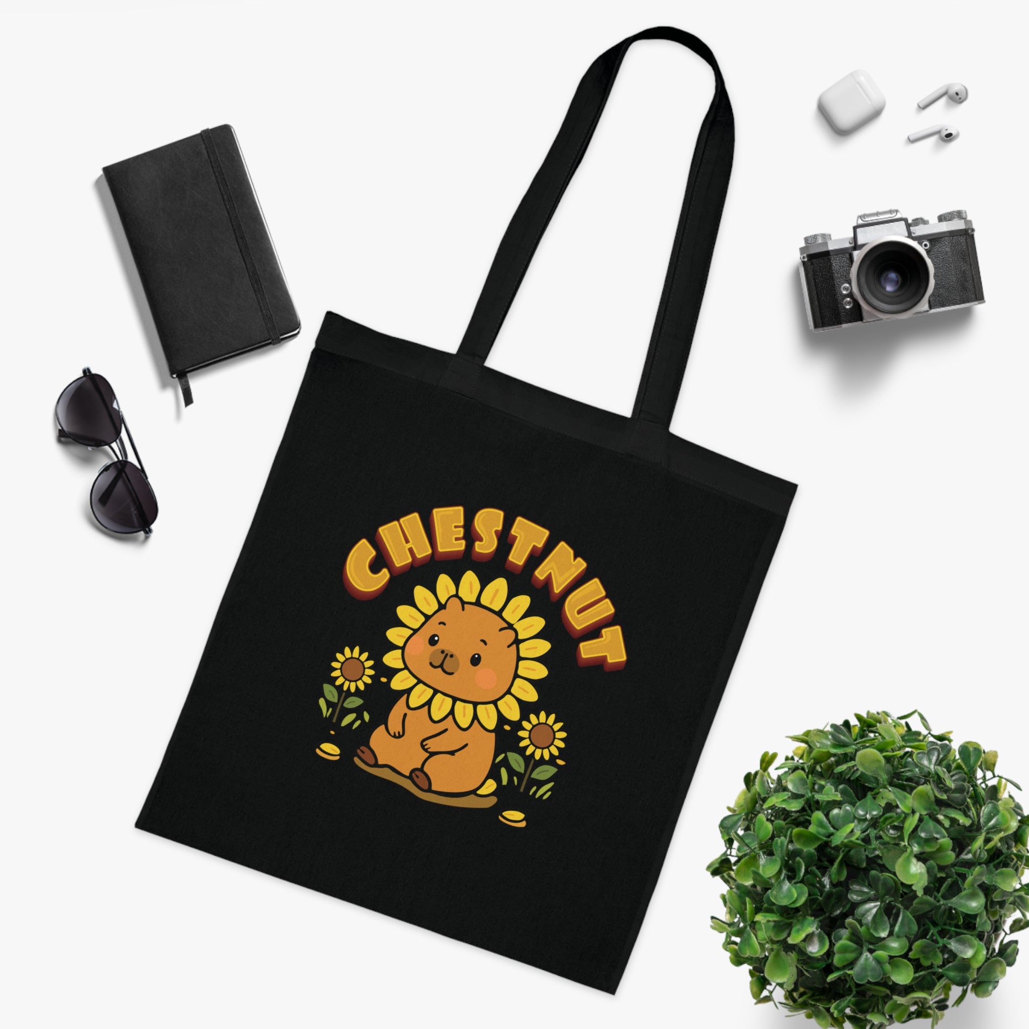 Chestnut the Sunflower Lover Capybara Cartoon Tote Bag, Cute Kawaii Animal Gift