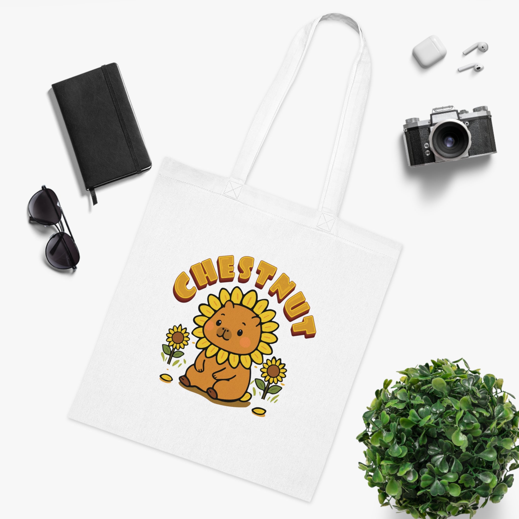 Chestnut the Sunflower Lover Capybara Cartoon Tote Bag, Cute Kawaii Animal Gift
