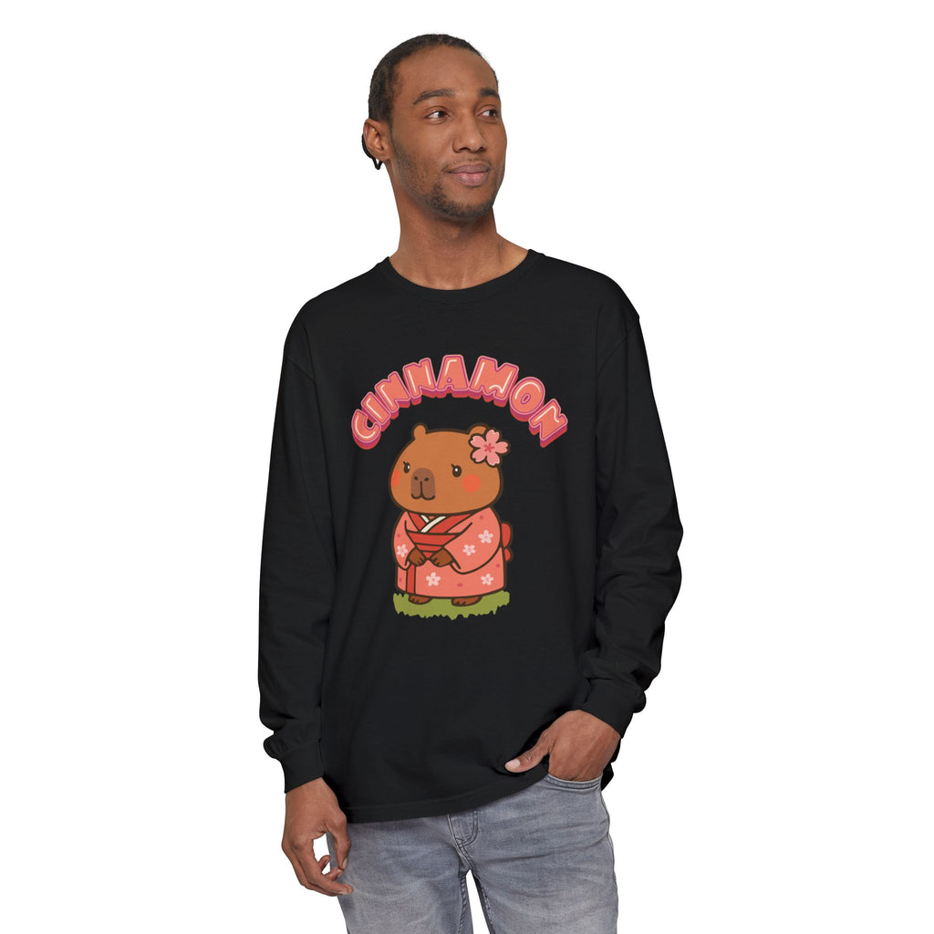 Cinnamon the Cherry Blossom Lover Capybara Cartoon long sleeve shirt, Cute Kawaii Animal Gift