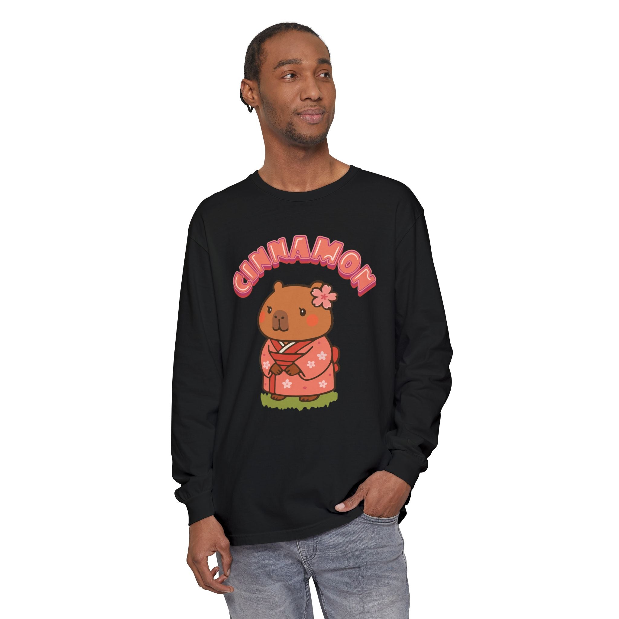 Cinnamon the Cherry Blossom Lover Capybara Cartoon long sleeve shirt, Cute Kawaii Animal Gift