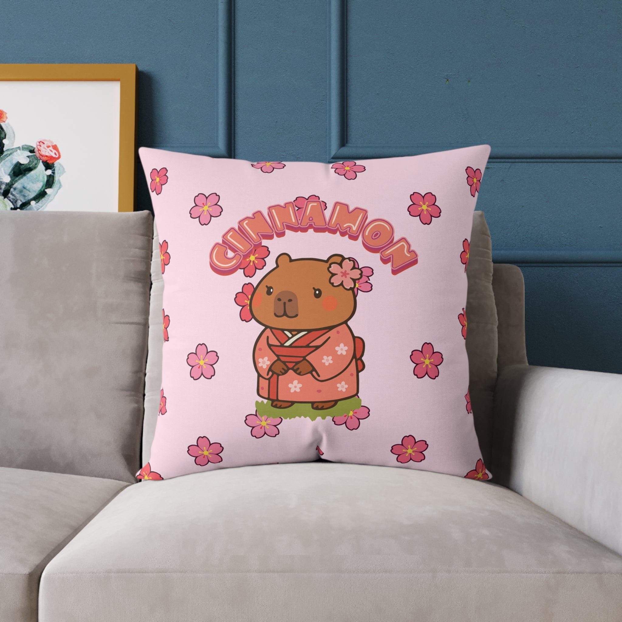 Cinnamon the Cherry Blossom Lover Capybara Cartoon Pillow, Cute Kawaii Animal Gift