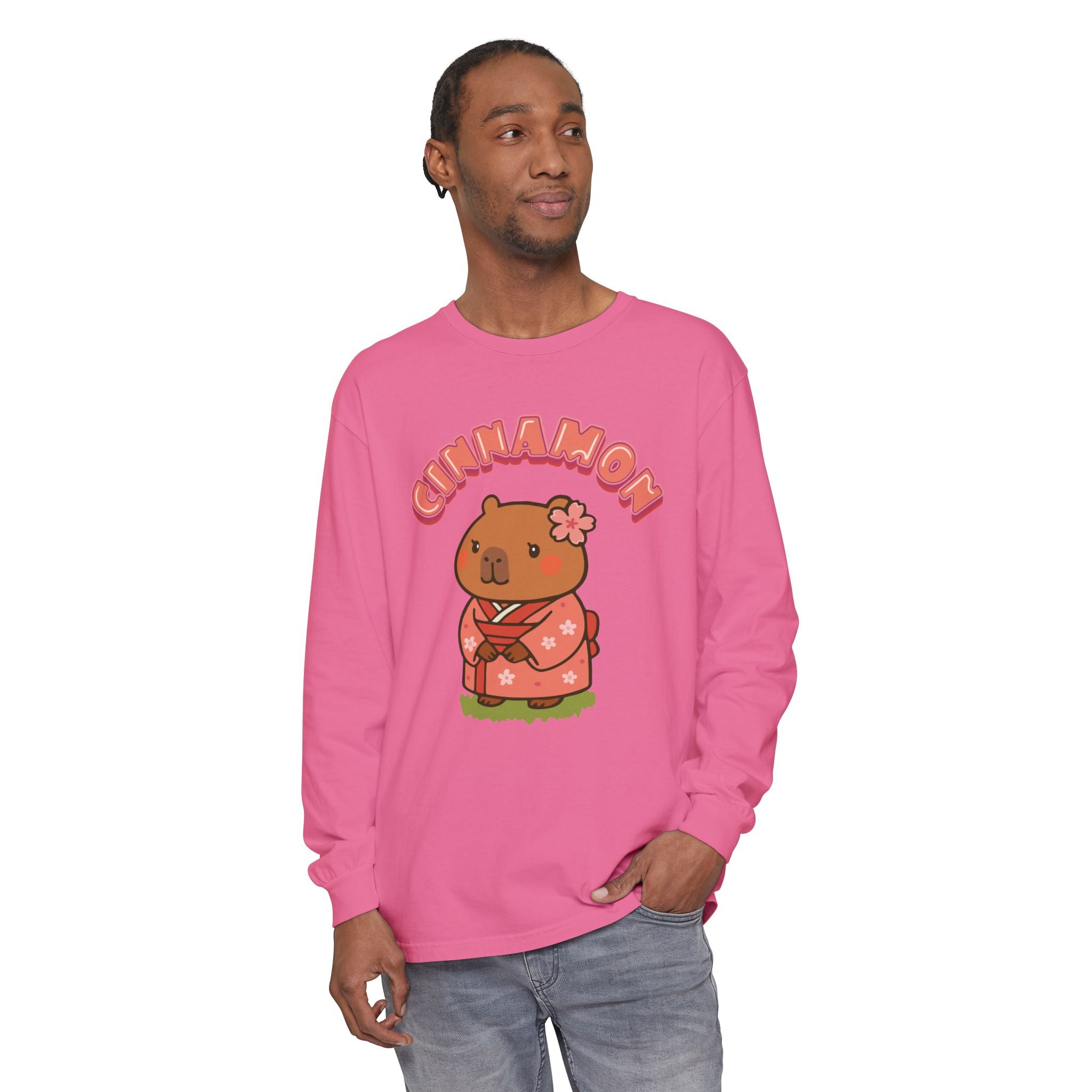 Cinnamon the Cherry Blossom Lover Capybara Cartoon long sleeve shirt, Cute Kawaii Animal Gift