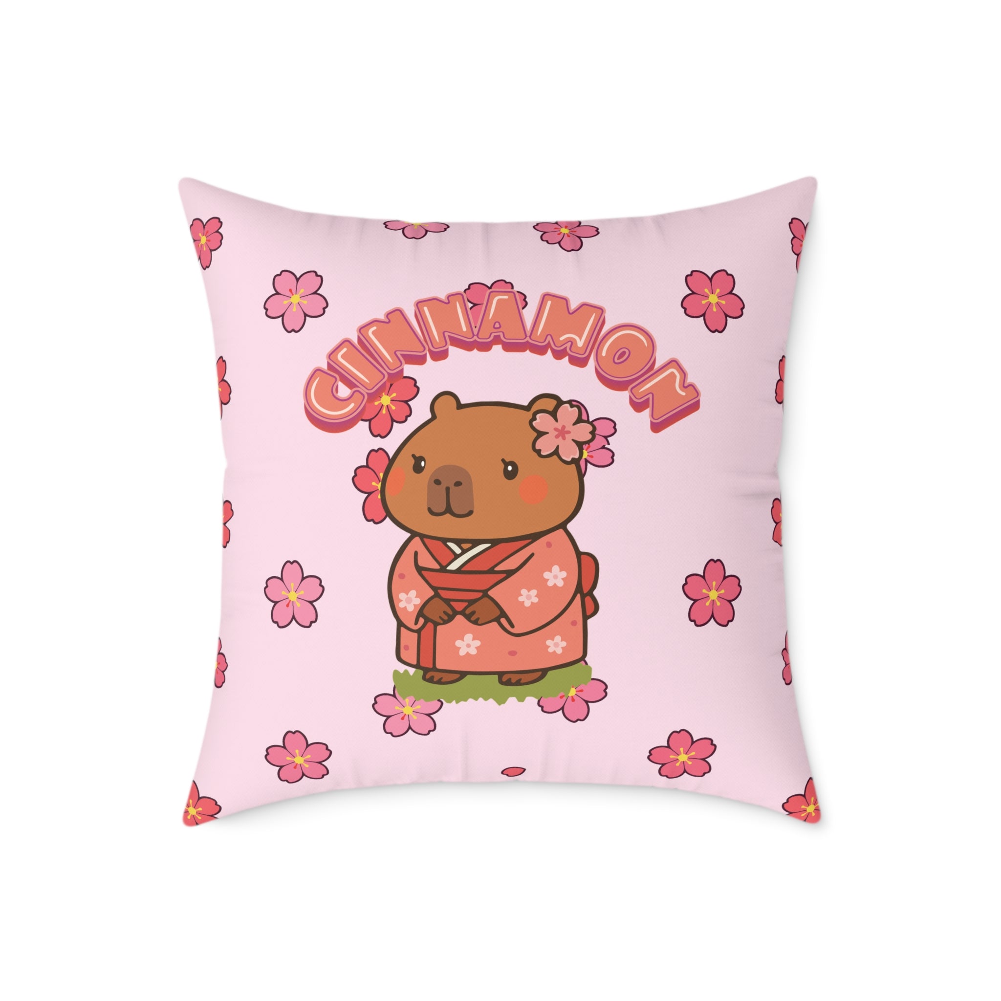 Cinnamon the Cherry Blossom Lover Capybara Cartoon Pillow, Cute Kawaii Animal Gift