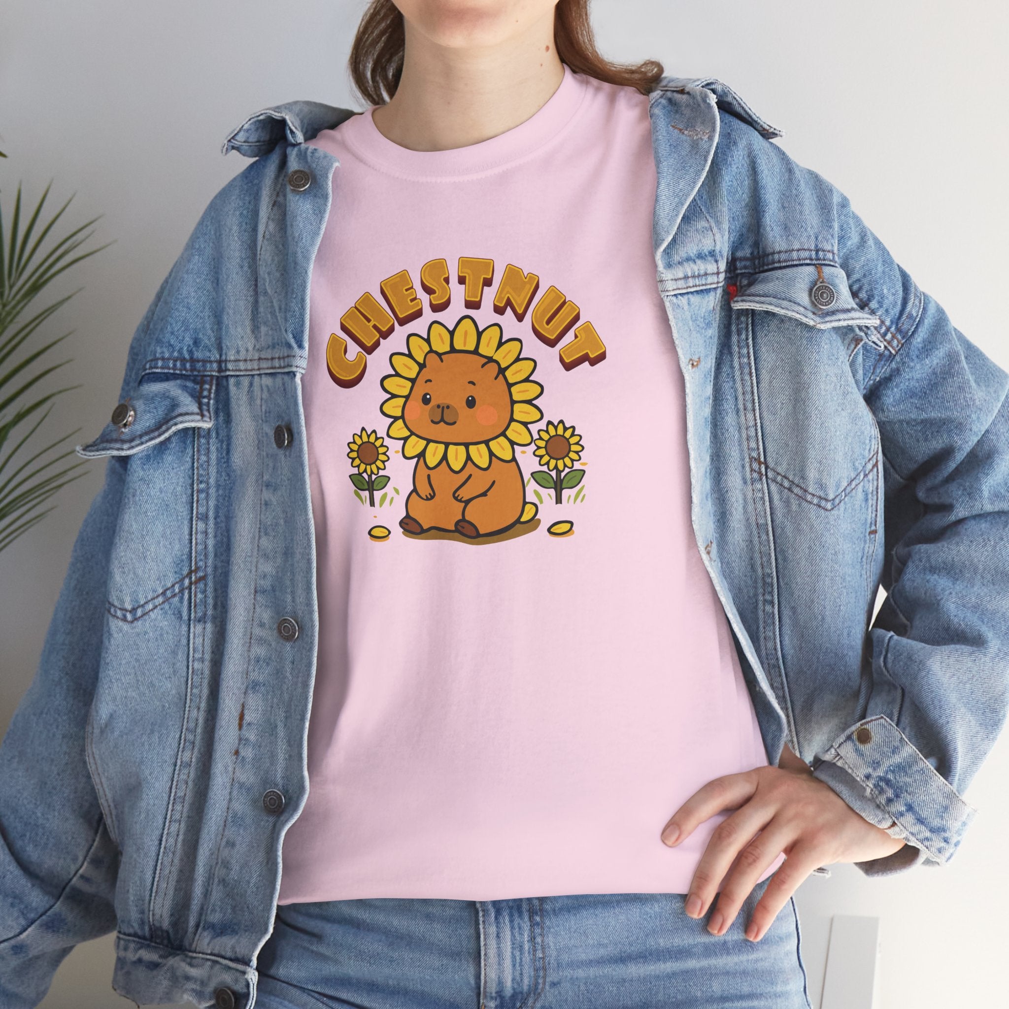 Chestnut the Sunflower Lover Capybara Cartoon T-Shirt, Cute Kawaii Animal Gift