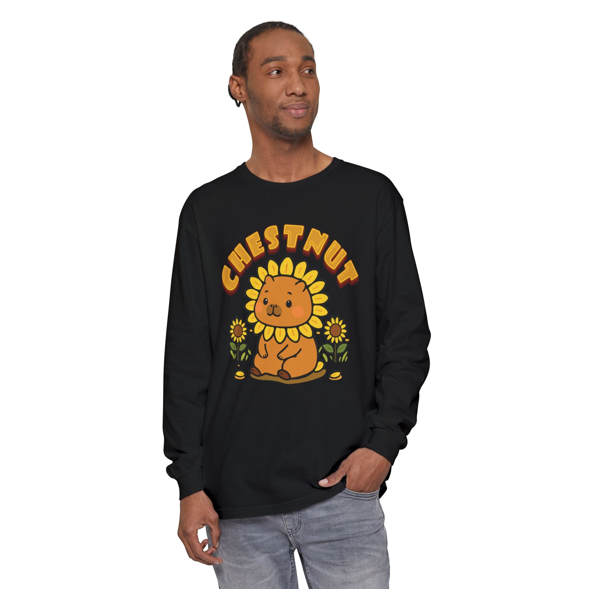 Chestnut the Sunflower Lover Capybara Cartoon long sleeve shirt, Cute Kawaii Animal Gift