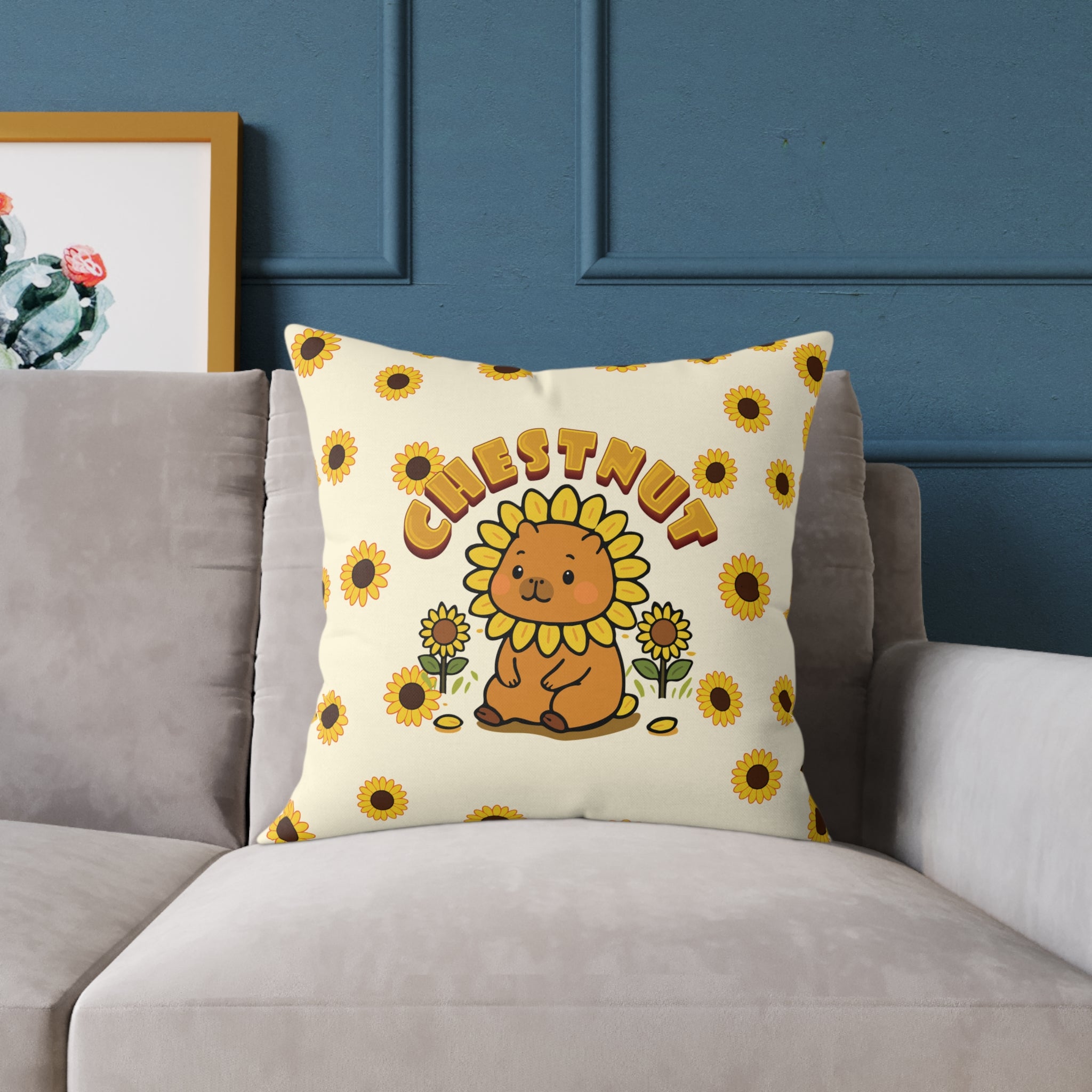 Chestnut the Sunflower Lover Capybara Cartoon Pillow, Cute Kawaii Animal Gift