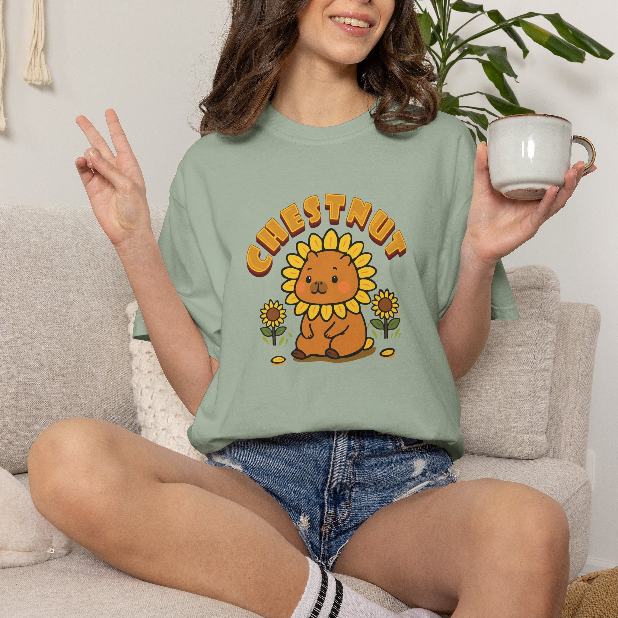 Chestnut the Sunflower Lover Capybara Cartoon T-Shirt, Cute Kawaii Animal Gift