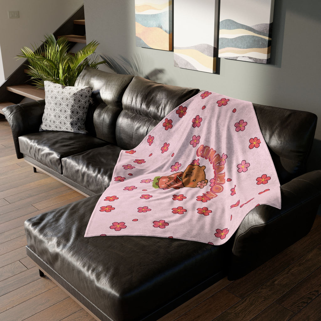Cinnamon the Cherry Blossom Lover Capybara Cartoon Soft Blanket, Cute Kawaii Animal Gift