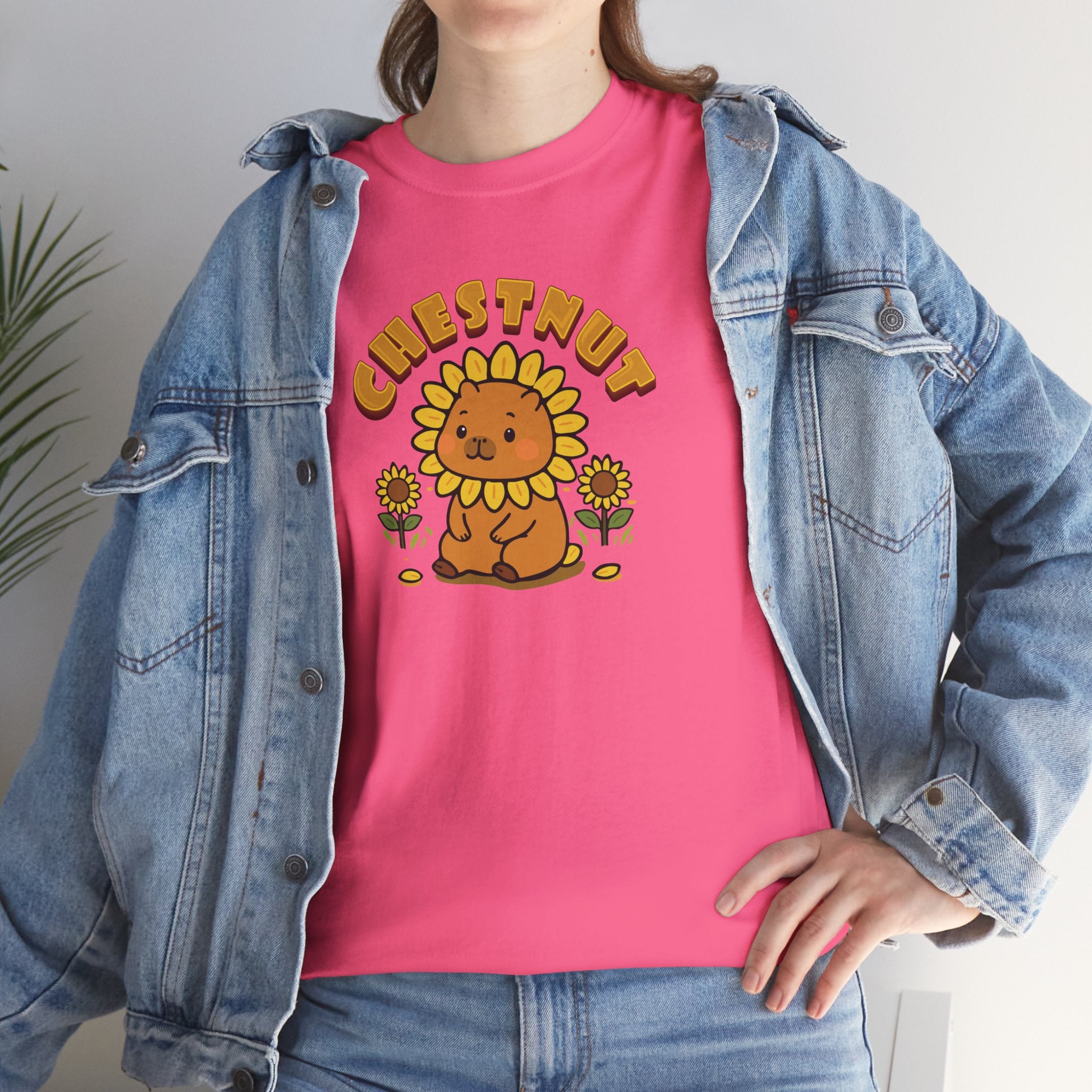 Chestnut the Sunflower Lover Capybara Cartoon T-Shirt, Cute Kawaii Animal Gift