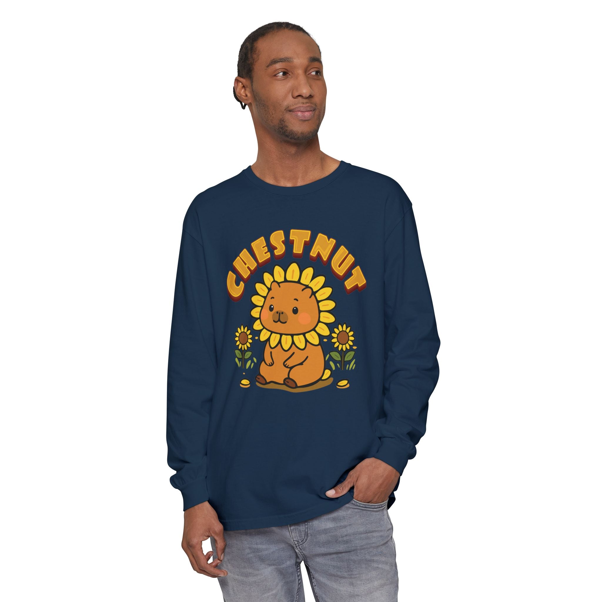Chestnut the Sunflower Lover Capybara Cartoon long sleeve shirt, Cute Kawaii Animal Gift