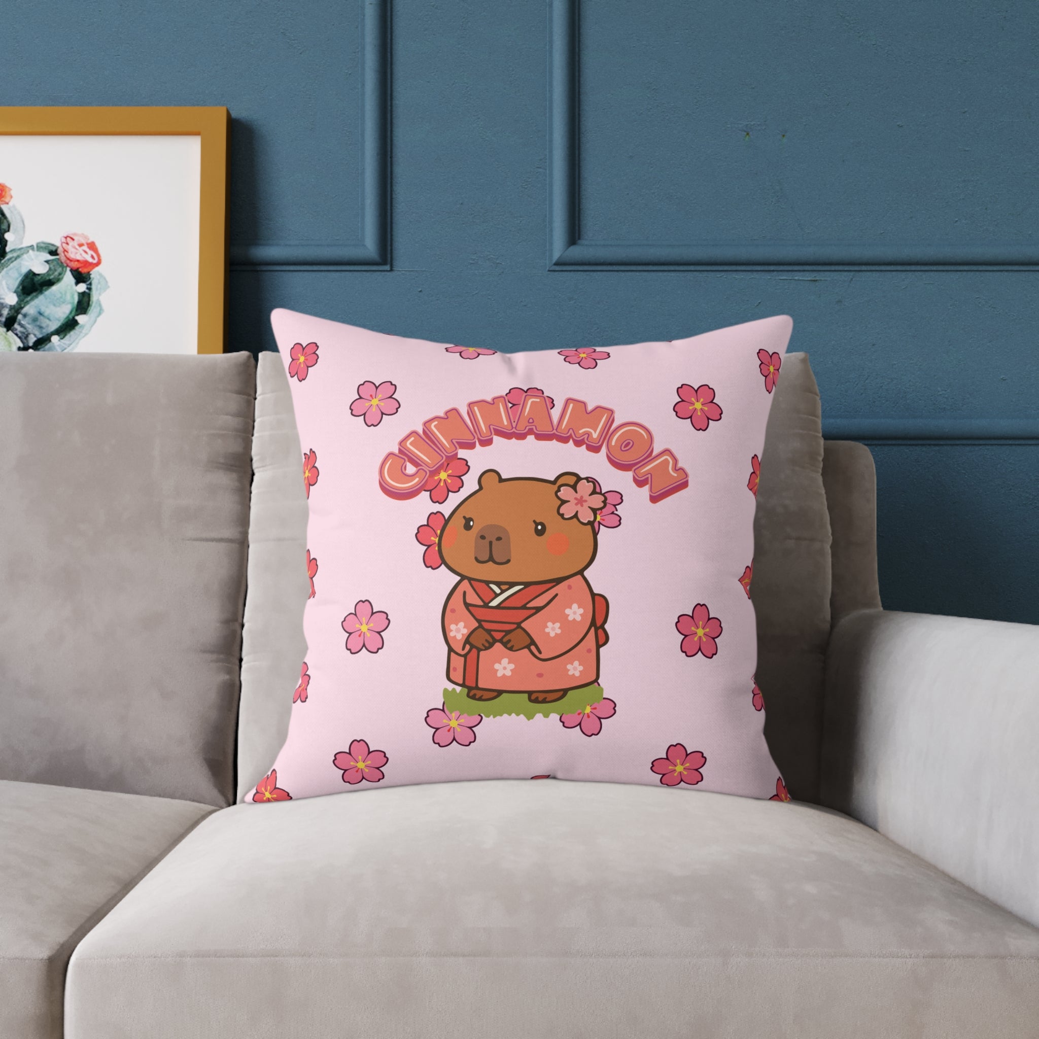 Cinnamon the Cherry Blossom Lover Capybara Cartoon Pillow, Cute Kawaii Animal Gift
