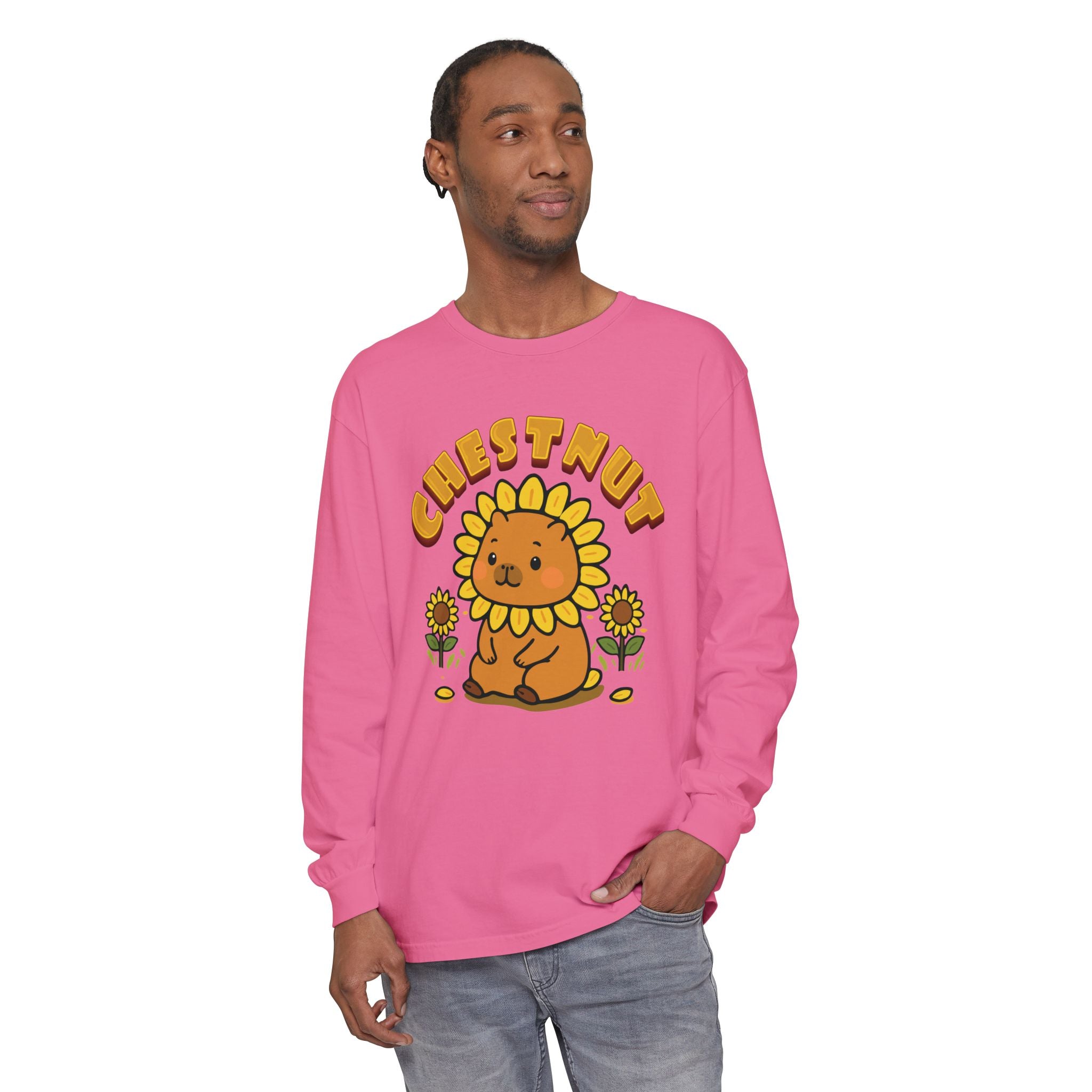 Chestnut the Sunflower Lover Capybara Cartoon long sleeve shirt, Cute Kawaii Animal Gift