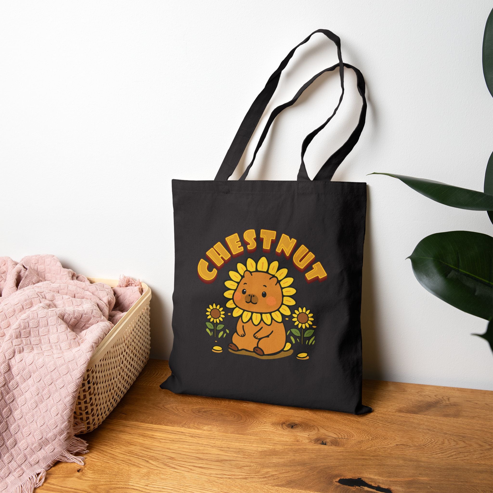 Chestnut the Sunflower Lover Capybara Cartoon Tote Bag, Cute Kawaii Animal Gift