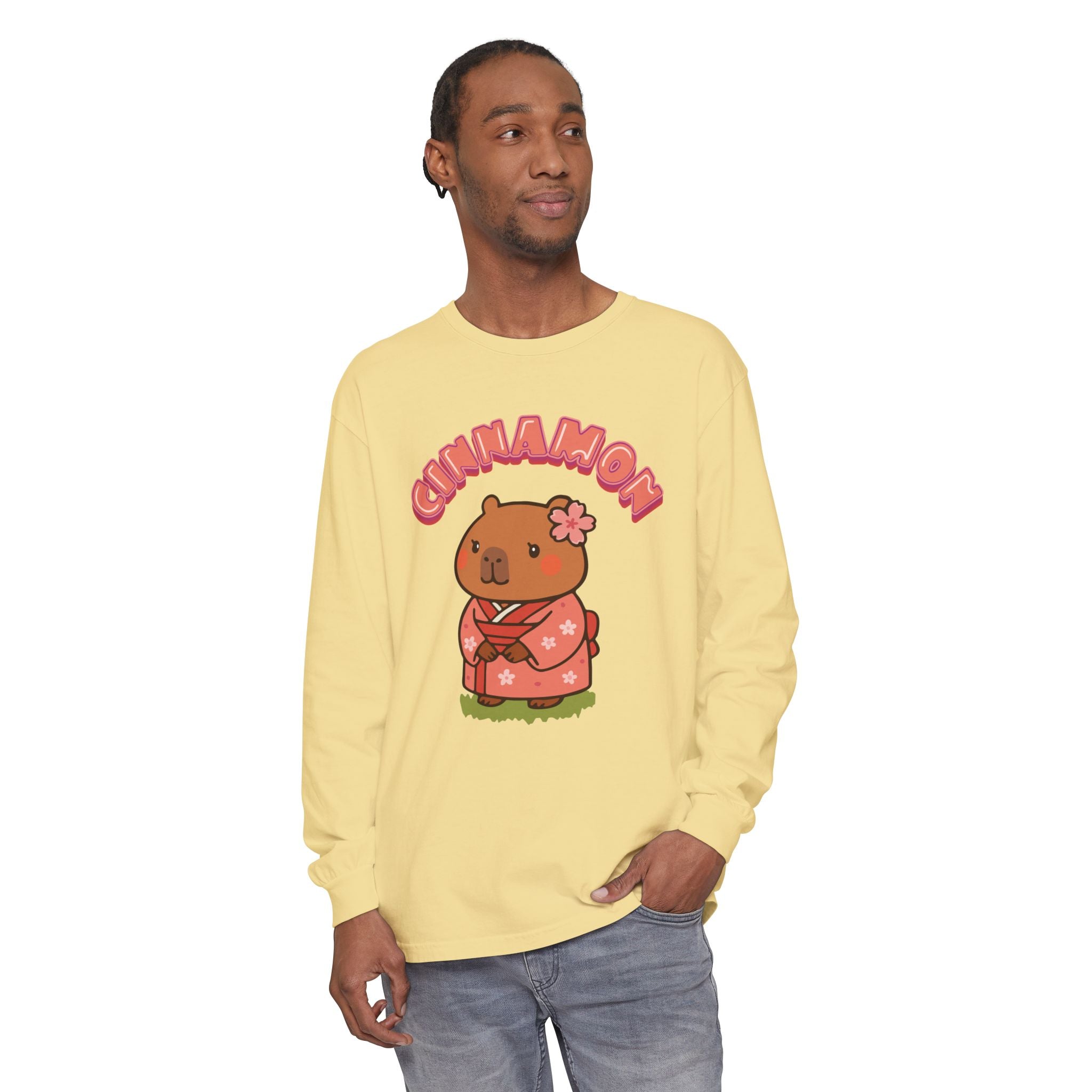 Cinnamon the Cherry Blossom Lover Capybara Cartoon long sleeve shirt, Cute Kawaii Animal Gift