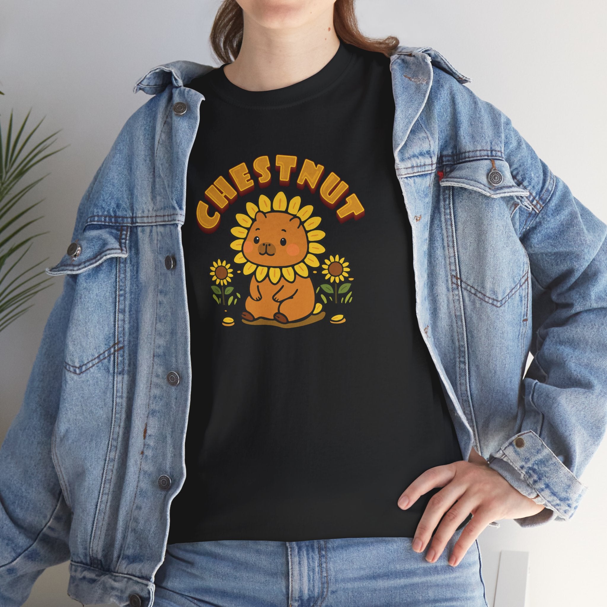 Chestnut the Sunflower Lover Capybara Cartoon T-Shirt, Cute Kawaii Animal Gift